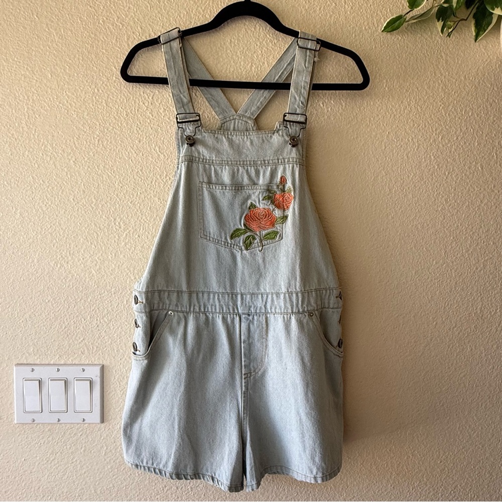 Light Wash Denim Short Overalls with Rose Embroidery
